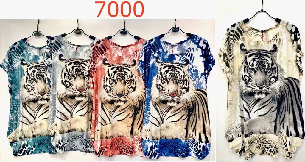 Ladies Cap Sleeve Tiger T Shirt Summer Top Animal Print Shirt Diamante Plus Size image 2