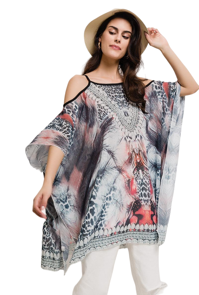 Ladies Printed Beach Top Tunic Batwing Cold Shoulder Top Beach Tunic image 1