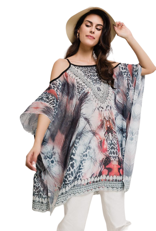 Ladies Printed Beach Top Tunic Batwing Cold Shoulder Top Beach Tunic image 1