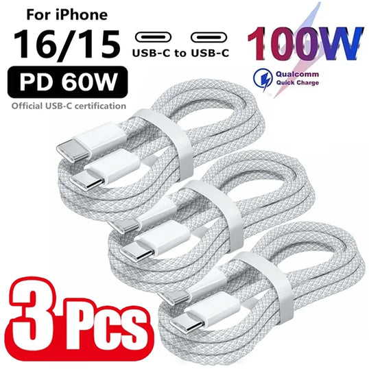 3PCS USB C Cable to USB C 100W Fast Charging Charger Cable Supports Fast Charging For iPhone 16 15 Samsung Xiaomi Huawei etc