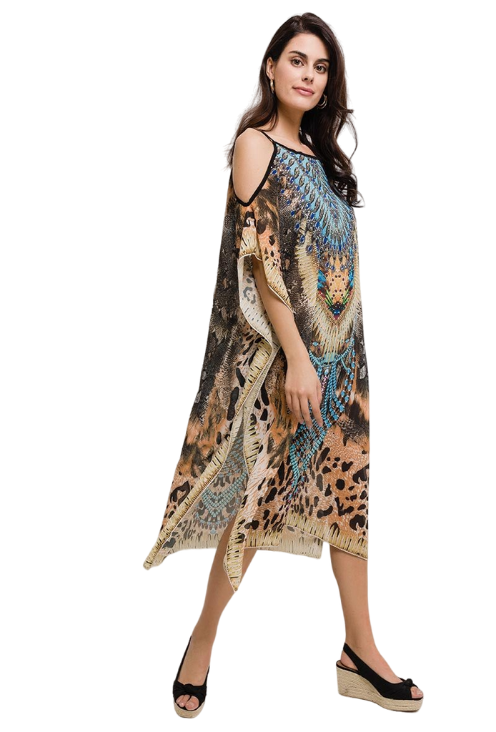 Women's Printed Beach Summer Dress Long Dress Sarong Cold Shoulder Lightweight image 1