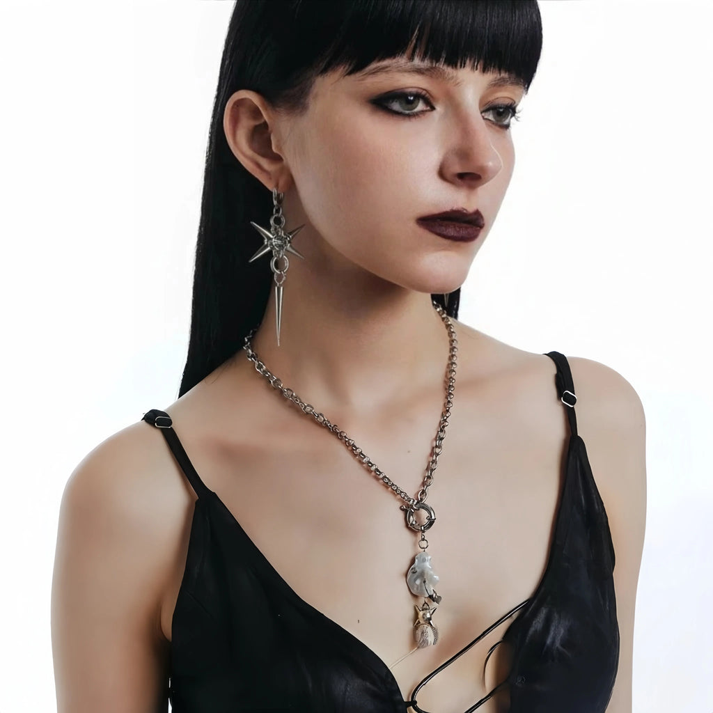 Gothic Stainless Steel Hoops Spike Piercing Long Dangle Earrings Handmade Punk y2k Chainmail Rivet Drop Earrings Rock Jewelry