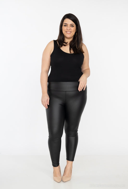 Plus Size Ladies High Waist Leggings In Shining Black Leather Look Leggings image 0