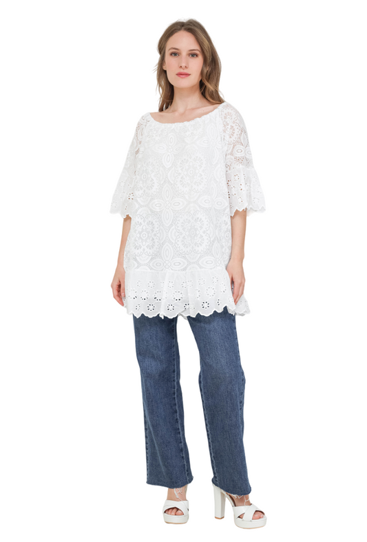 Ladies White Classic Mosaic Lace Floral Design Tunic Dress Holiday Cotton Top image 1