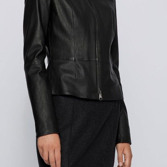 Ladies Real Leather Jacket Slim Fit Collarless Short Coat Black Jacket image 1