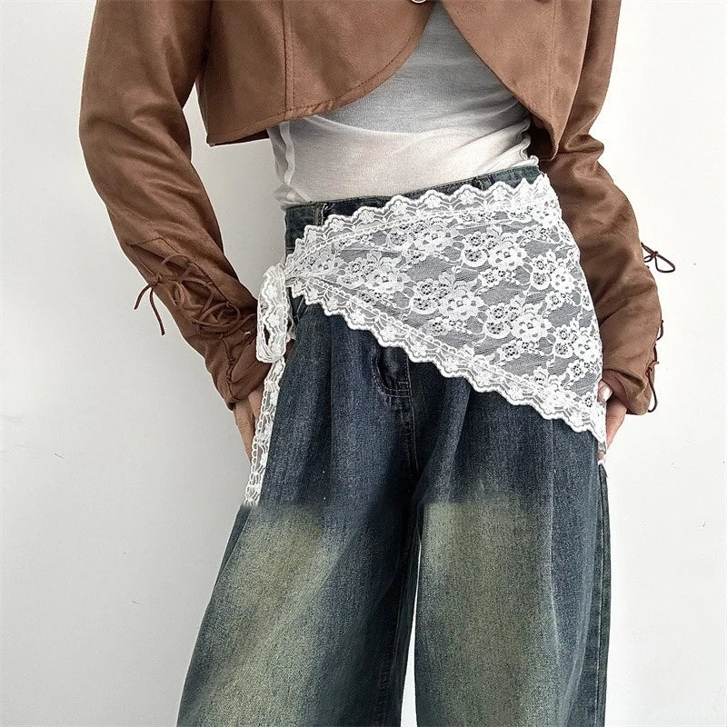 Y2K Women Lace Tulle Bandage Skirt Stacked Lace Half Skirt Layering Small Butt Curtain Flower Triangle Hair Scarf