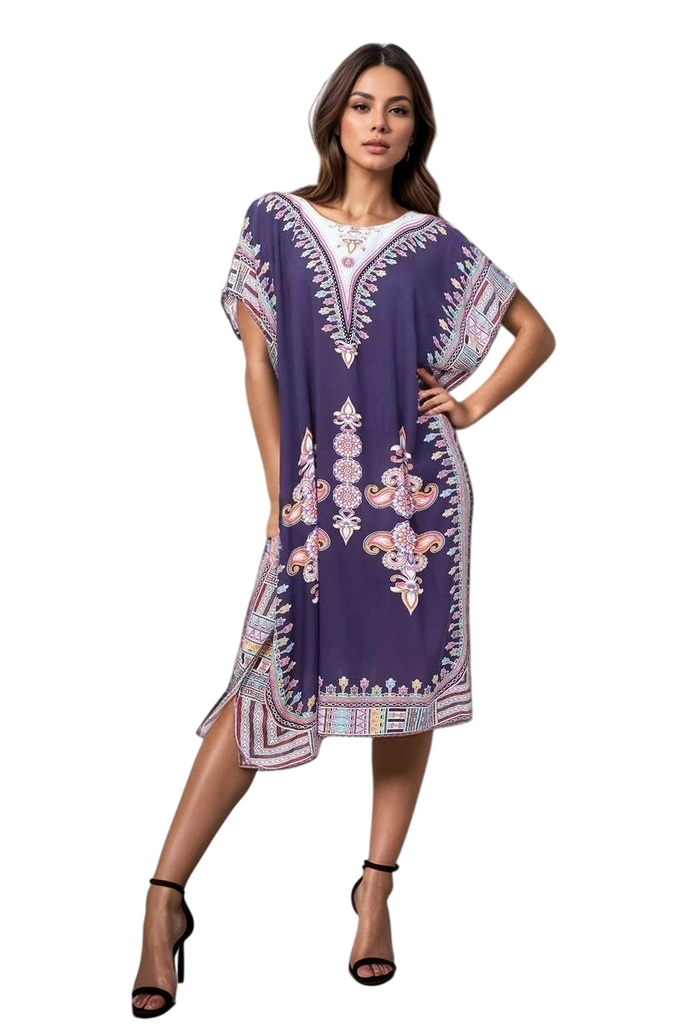 Womens Dress Cotton Kaftan Dress Summer Mid African Beach Tshirt Printed Top image 4