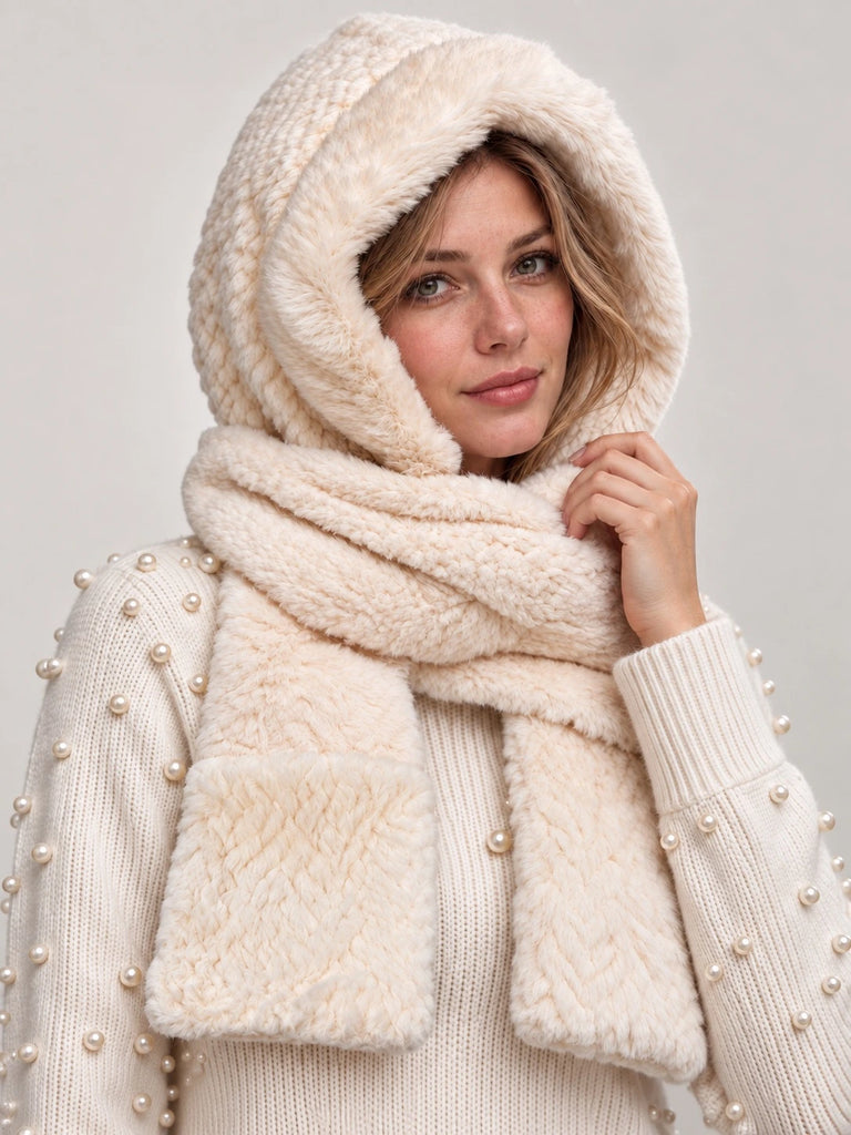 Ladies Soft Fur Hood Scarf Gloves Set