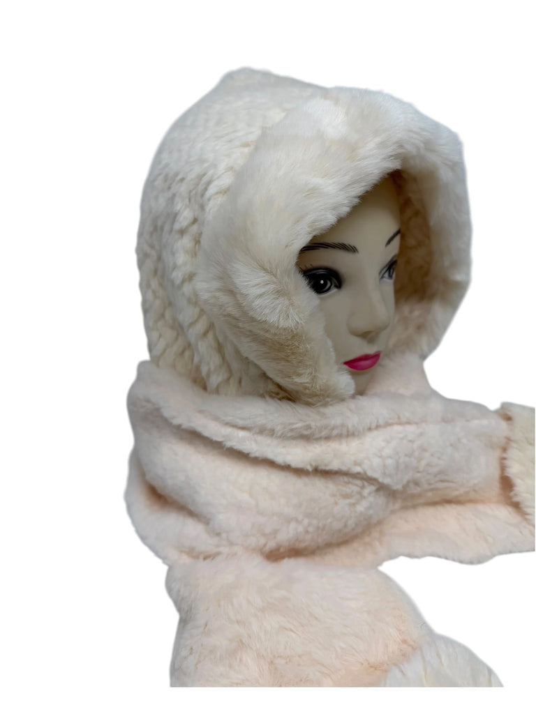 Ladies Soft Fur Hood Scarf Gloves Set