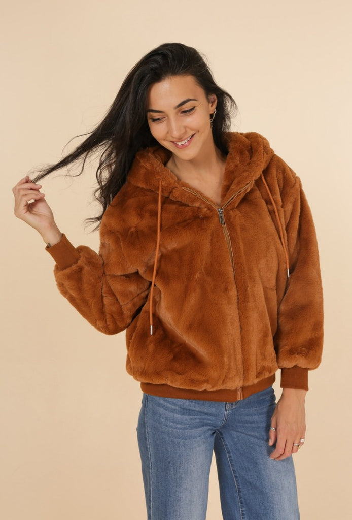 Ladies Faux Fur Zipped Coat Drawstring Hood Soft Warm Winter Brown Jacket image 3