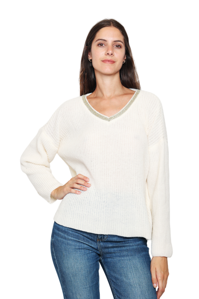 Women's Jumper Stylish Oversized Gold V-neck Wool Sweater Plain Pullover Sweater image 2