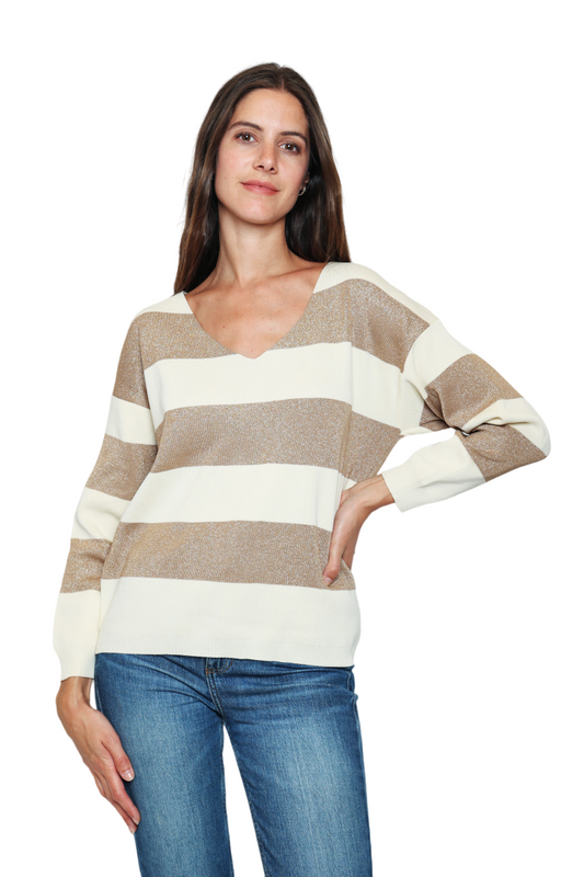 Women Sweater Stylish Split V-neck Sweater Pullover style Striped in Lurex image 0