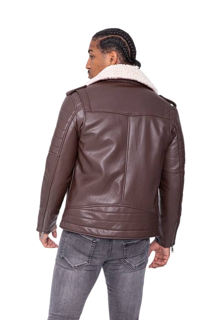 Men’s Leather Biker Jacket Sherpa Collar Brown Moto Style Winter Coat image 3