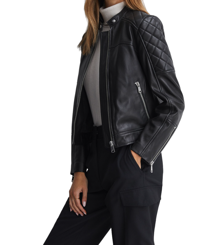 Ladies Real Leather Jacket Collarless Quilted Black Zip up Casual Biker Jacket image 2