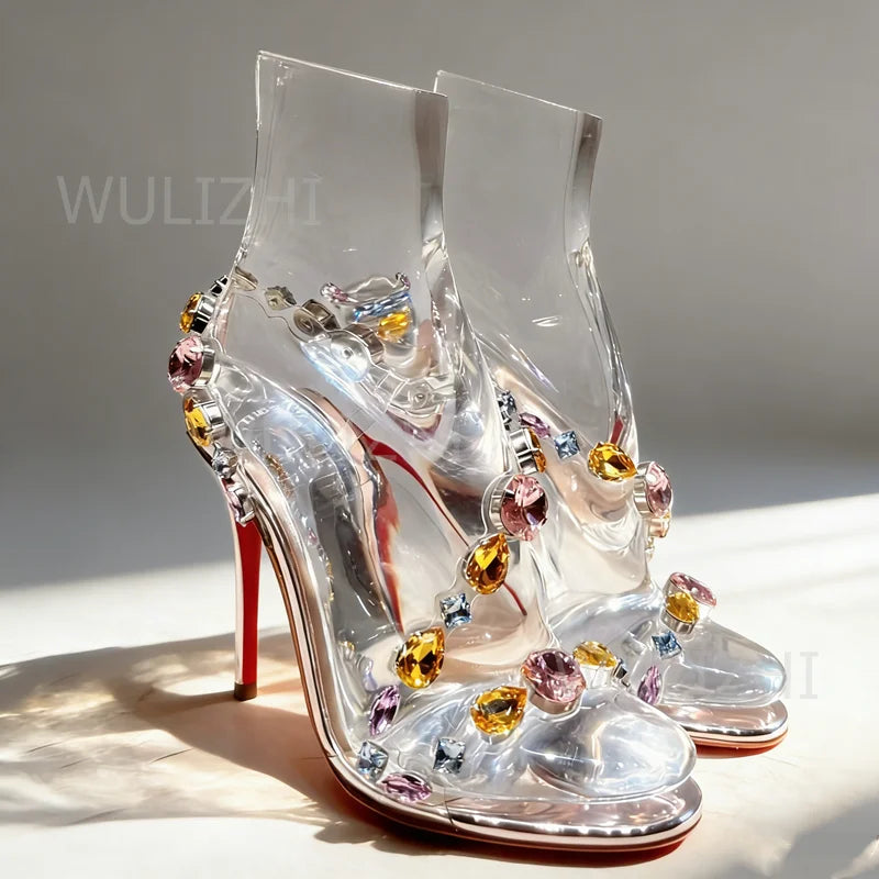 Women's Sandals Colorful Gemstone Crystal Sandals Women Sexy Open Heel Buckle Diamond Luxury Evening Shoes Sandalias De Mujer
