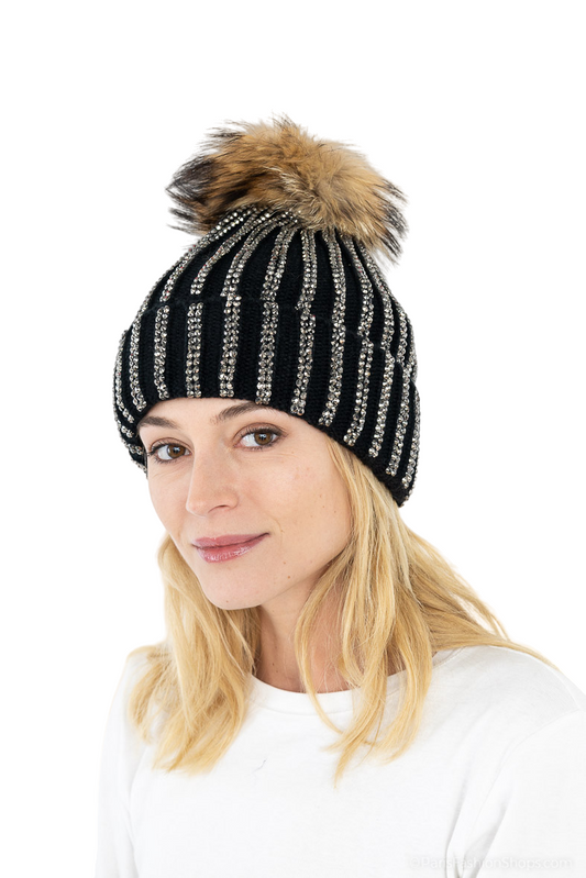 Women's Winter Hat With Silver Stones Pompom Style Warm Outdoor Party Hats image 0