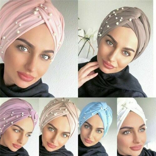 Ladies Turban Hat Beaded Pearls Muslim Wrap Hair Cap Hijab Head Scarf Bandanna image 0