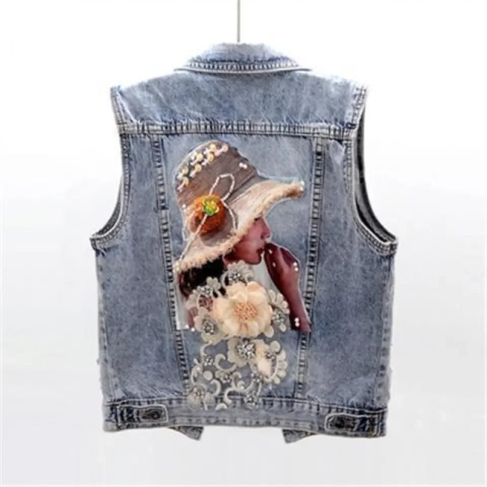 Fashion Diamond-encrusted Vest For Women'S Autumn Sleeveless Short Floral New Casual Retro Vest