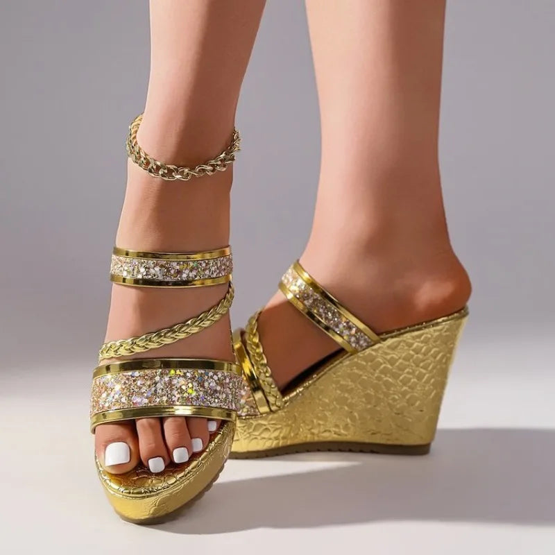 36-42 Plus Size Shoes for Women Summer Round Toe Platform Wedge Slip on Sequin Fashion Slippers Party Evening Dress Sandals