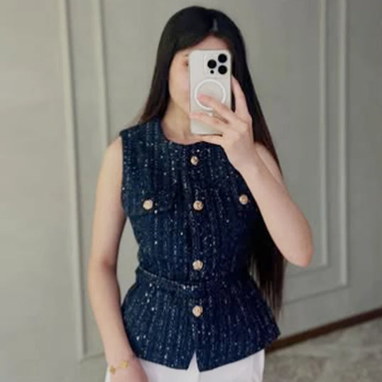 HXAO Women's Vest Summer 2025 Blue Off White Black Vest Textured Waistcoat Woman Button Sleeveless Vest Women Fashion Outerwears