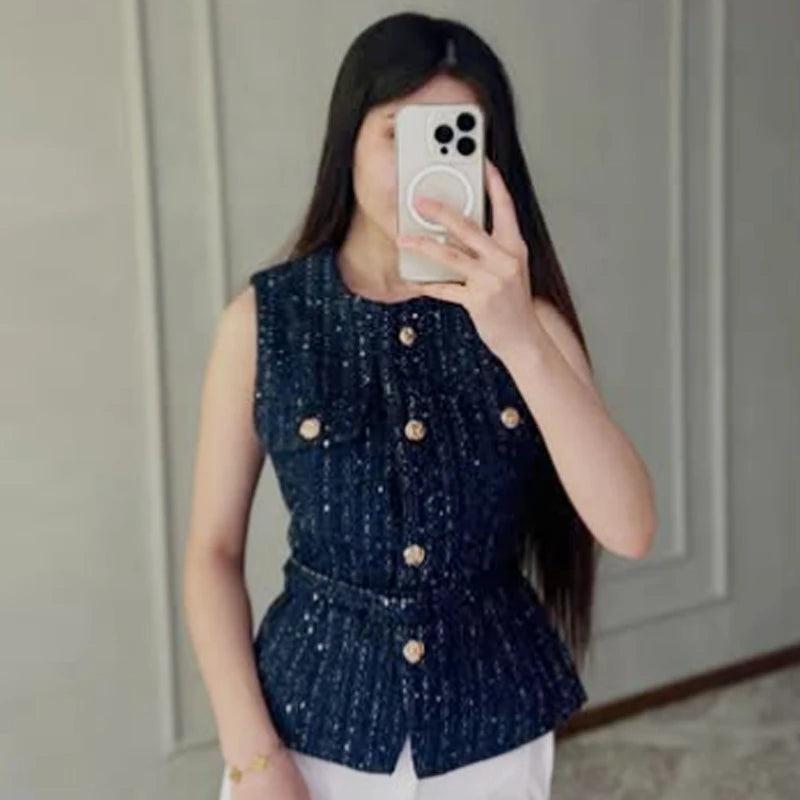 HXAO Women's Vest Summer 2025 Blue Off White Black Vest Textured Waistcoat Woman Button Sleeveless Vest Women Fashion Outerwears