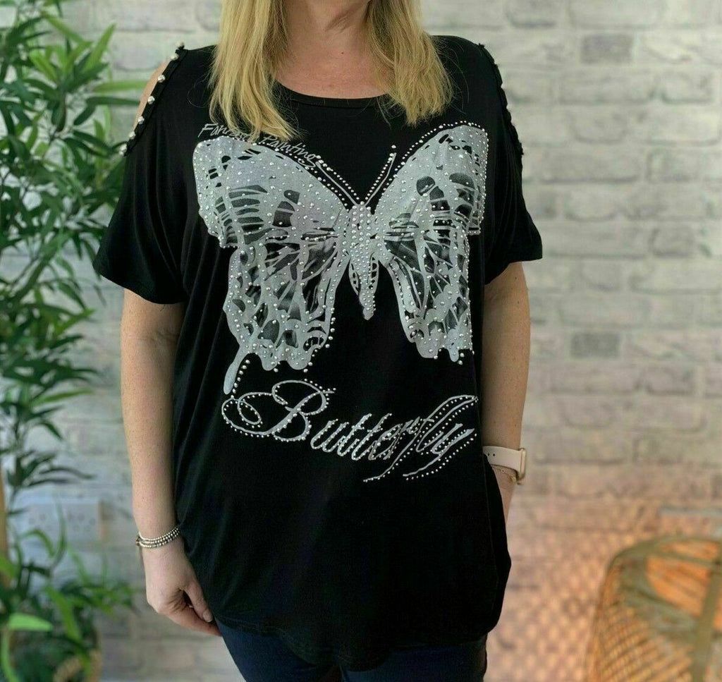 Ladies Cold Shoulder Butterfly Top T-Shirt Sleeveless Baggy Top Blouse Plus Size image 5