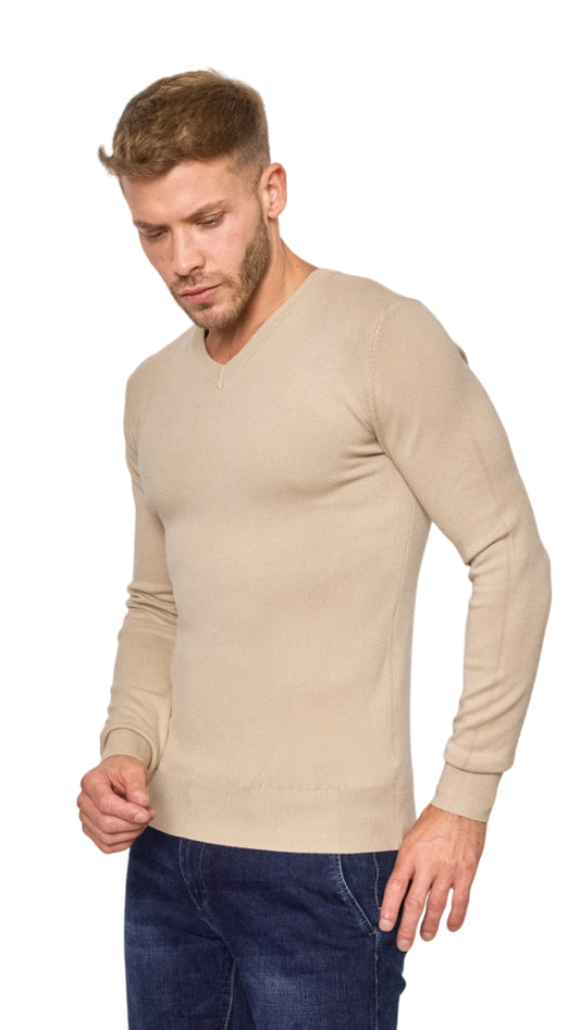 Mens Jumper V-Neck Pullover Winter Sweater Ribbed Waist And Sleeves Fitted Top image 0
