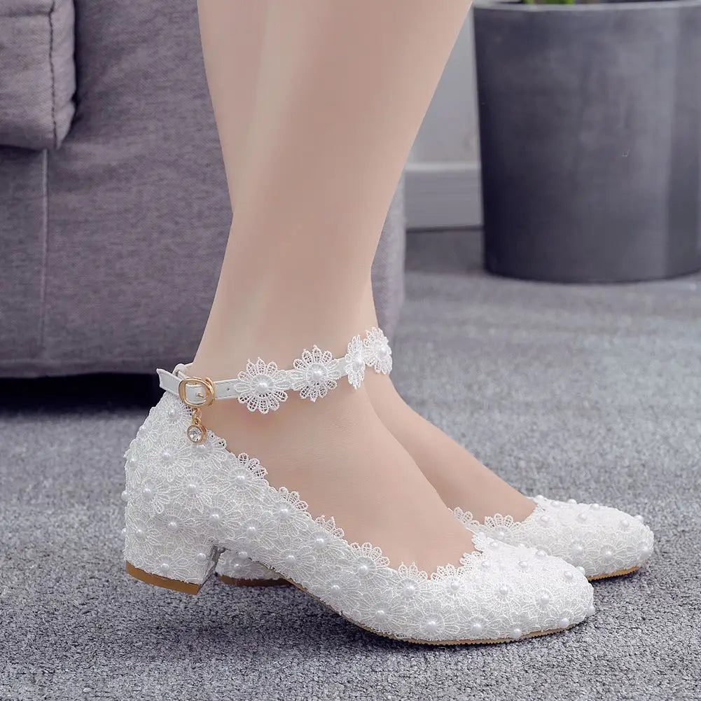 Women's Closed Toe Low Chunky Heel Pumps Ankle Strap Dress Shoes White Lace Pearls Wedding Party Dance Shoes