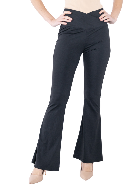 Women's Black High Waisted Flared Crossover Leggings Stretch Comfortable Pants image 1