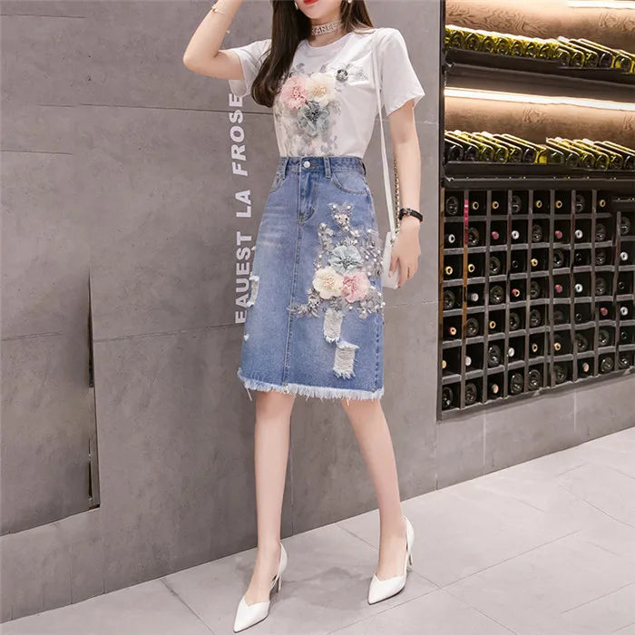 Women Heavy Work Embroidery 3D Flower Tshirts + Jeans Skirt 2pcs Clothing Sets Summer Casual Package Hip Denim Skirts Suits Y82