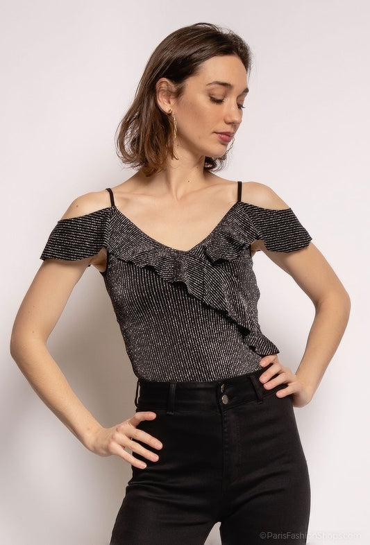 Women's Top Bodysuit Sparkly Stripes Ruffles Outdoor Stylish Party Suit image 0