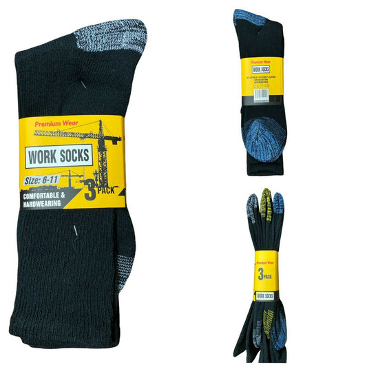 Men's 3 Pairs Heavy Duty Work Socks Mega Thermal Winter Cotton Size 6-11 Black image 0