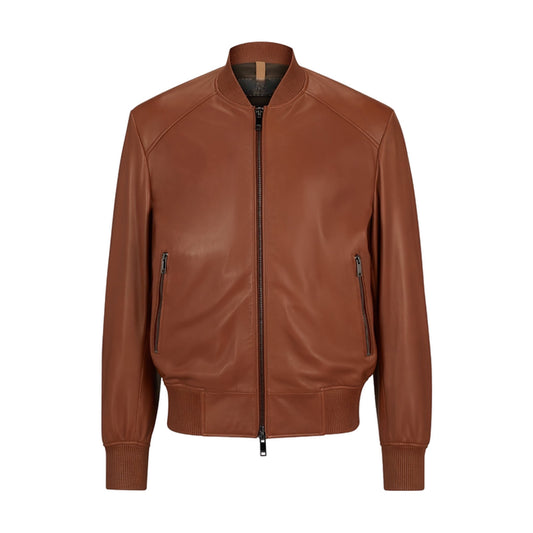 Men's Brown Leather Bomber Jacket Classic Zip Up Style Ribbed Collar Cuffs image 0