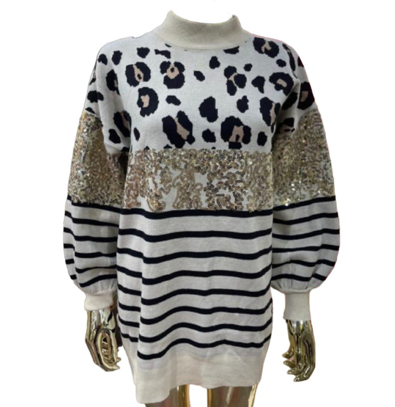 Ladies Winter Sequined High-Neck Sweater Bat sleeves Striped Party Sweater image 1