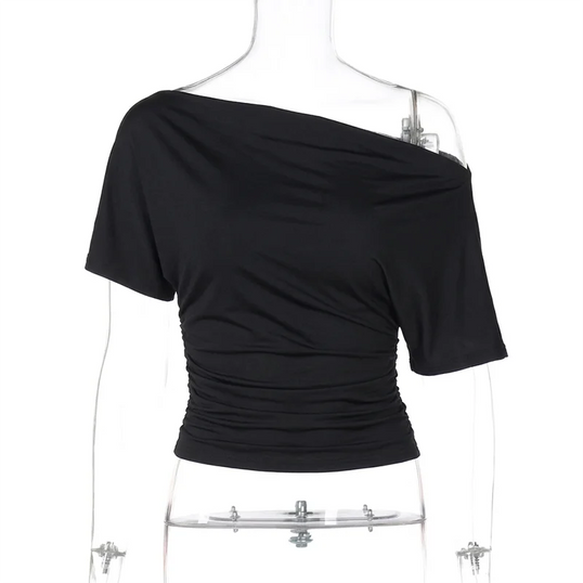 Solid One Shoulder T-shirt Women Tops 2026 Summer Short Sleeve Crop Top Off Shoulder T Shirts Party Basic Casual Y2k Tops Tees