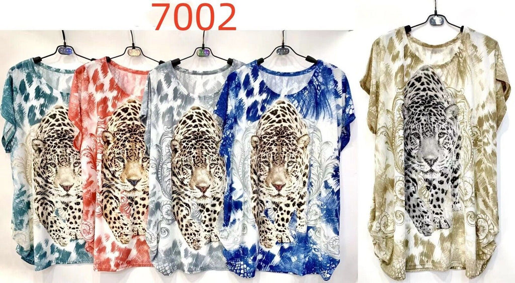 Ladies Cap Sleeve Tiger T Shirt Summer Top Animal Print Shirt Diamante Plus Size image 3