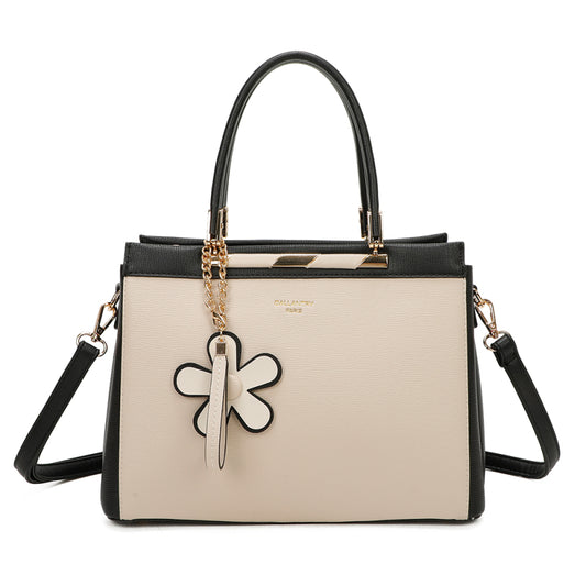 Women's Stylish Designer Beige Black Handbag Tote Bag Floral Accent Bag image 0