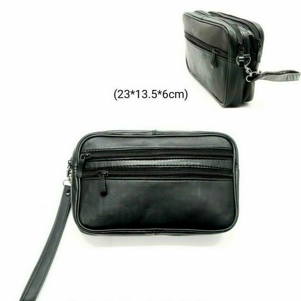 Leather Travel Document Bag Handbag Black Work Organizer Multi Zip Utility Pouch image 0