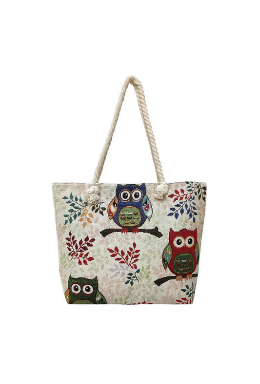 Ladies Beach Bag Shopping Bag Cotton Shoulder Handbag Owl Print Holiday Bag image 0