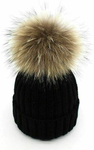 Ladies Girls Warm Winter Crochet Hat Wool Knitted Beanie with Large Fur Pom Pom image 1