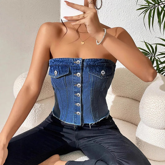 Denim Strapless Top Women Sleeveless Crop Tops Sexy Backless Single Breasted Washed Distressed Streetwear Y2k Camis Tanks Summer