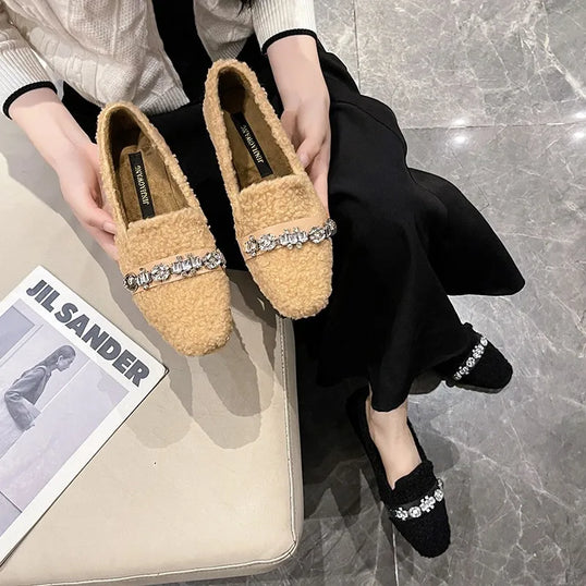 Women's Soft-Soled Plush Loafers, Korean Style Fur Shoes 2026 New Square-Toe Rhinestone Fleece Slip-Ons Cotton Shoes