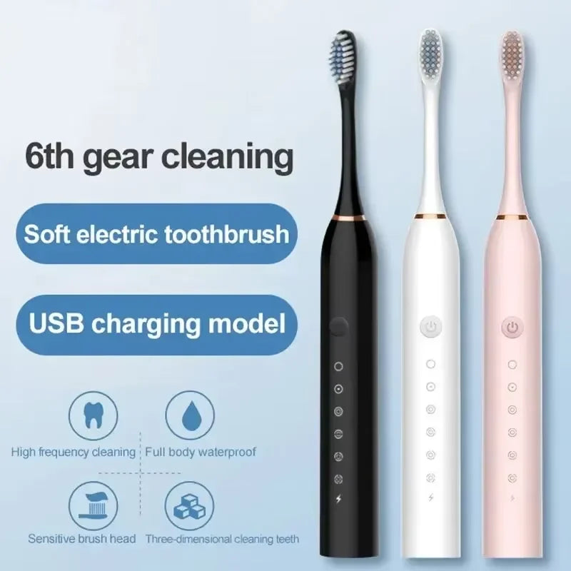 3 x Electric Ultrasonic Toothbrush Six Speed Mode Home Soft Hair USB Charging Waterproof Adult Tooth Cleaner Automatic Couple Set