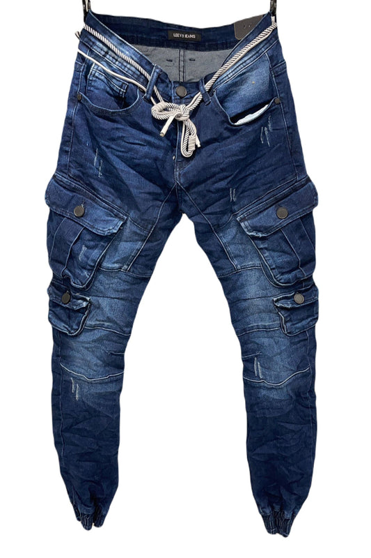 Mens Combat blue Jeans Cargo Denim Faded Trouser Casual Work Pants Cargo Joggers image 0