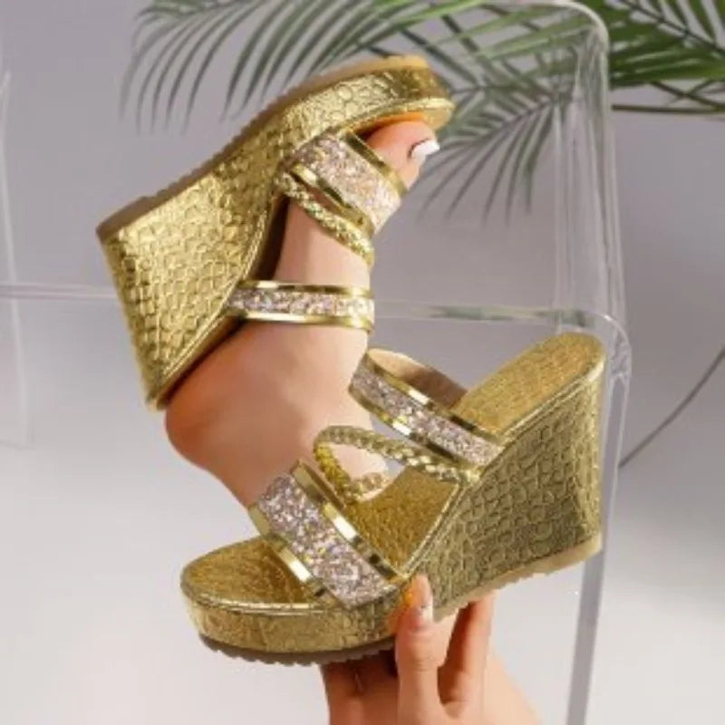 36-42 Plus Size Shoes for Women Summer Round Toe Platform Wedge Slip on Sequin Fashion Slippers Party Evening Dress Sandals