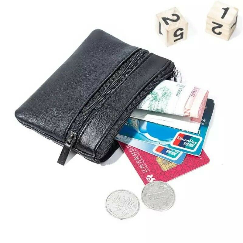 Unisex Black Small Coin Pouch Purse Key Holder Leather Zip Wallet Card Holder image 4