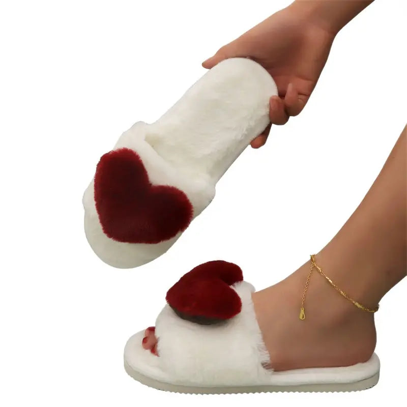 crriflz Women's Plush Heart Slippers Warm Indoor Cotton House Shoes