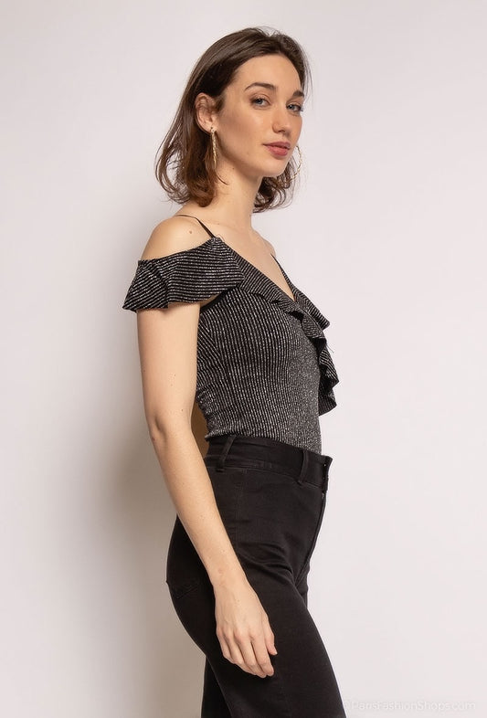 Women's Top Bodysuit Sparkly Stripes Ruffles Outdoor Stylish Party Suit image 1