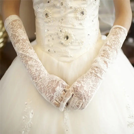Womens Wedding Gloves White Elbow Length Full Finger Lace Gloves Bridal Gloves image 0