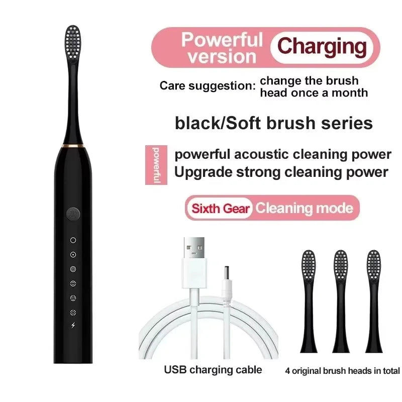 3 x Electric Ultrasonic Toothbrush Six Speed Mode Home Soft Hair USB Charging Waterproof Adult Tooth Cleaner Automatic Couple Set